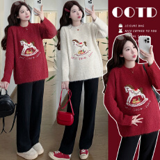 批发实拍 冬季韩系宽松圣诞刺绣小马毛衣+抽绳裤孕妈套装