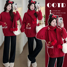 批发实拍 冬季加厚宽松麻花纹新年发财树毛衣+抽绳裤孕妈套装 带围巾