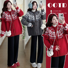 实拍 加厚费尔岛设计感荷叶边毛衣外套+打底衫+裤子孕妈三件套