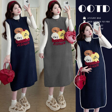 实拍 韩系卡通小狗减龄针织背心裙+舒适打底衫孕妈套装