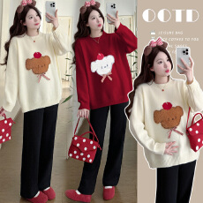 实拍 冬季韩版宽松卡通减龄针织毛衣+抽绳裤孕妈两件套