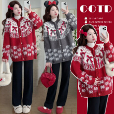 实拍 冬韩版雪花蝴蝶结甜美新年毛衣外套+打底衫+裤子孕妈三件套