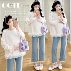 批发实拍 现~<b class='q'>春</b>季宽松休闲花边拼接孕妈韩系百搭纯棉长袖上衣