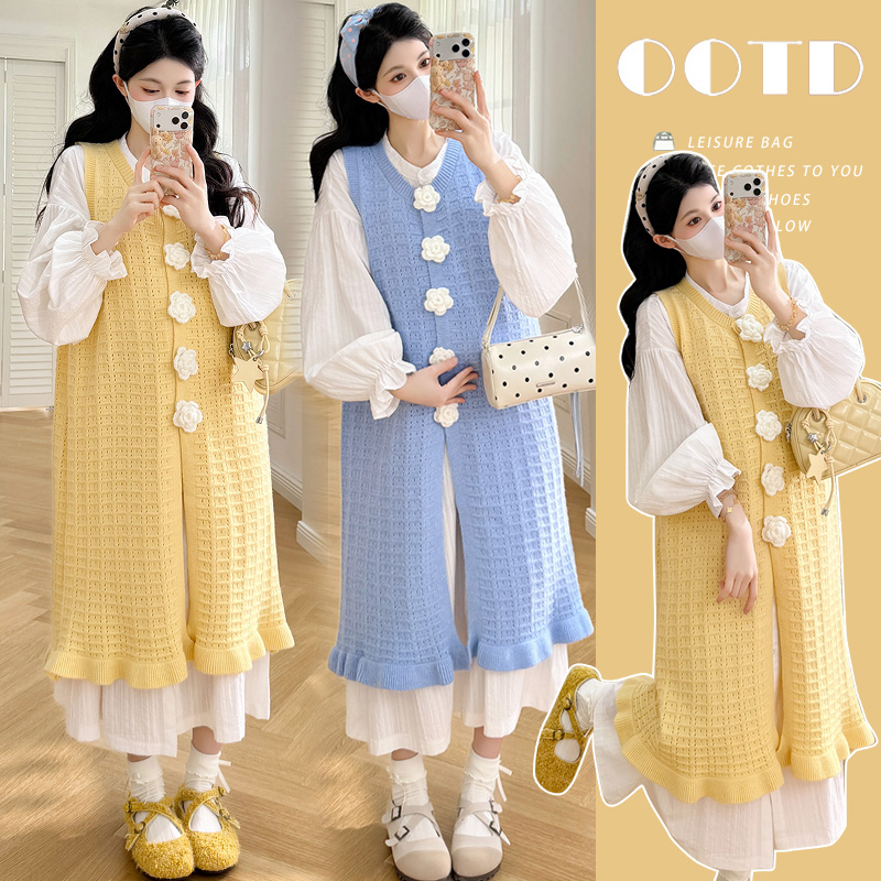 실사 봄 프랑스식 루즈핏 롱 코트 드레스 동백 나무 인어 꼬리 니트 홀로우 아웃 조끼 스커트 임신 엄마 세트