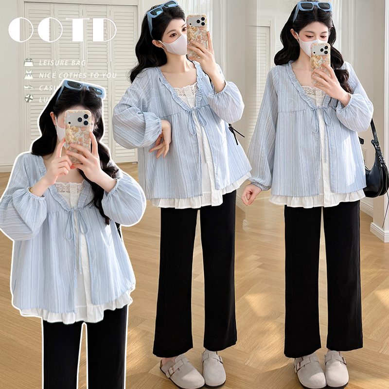 실사 새로운 봄 한국 스타일 루즈핏 페이크 레이어드 디자인 센스 프릴 임산부 셔츠 프랑스식 맨위