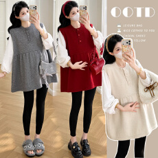 批发实拍新款 春季宽松休闲<b class='q'>百搭</b>纯棉长袖+韩系简约中长款马甲孕妈套装