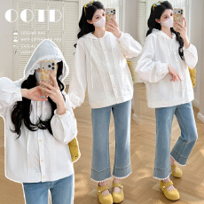 实拍新款 现~春季韩版宽松蕾丝拼接连帽衬衫孕妇上衣