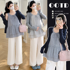 实拍新款 现~春季温柔针织开衫+蝴蝶结格纹背心孕妈叠穿韩系套装