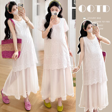 实拍新款 夏季法式重工镂空花边设计感孕妈连衣裙