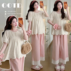 批发实拍新款 夏季<b class='q'>韩版</b>宽松法式蕾丝<b class='q'>娃娃衫</b>+花边拼接阔腿裤孕妈两件套