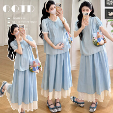 实拍新款 夏季法式蕾丝拼接孕妈洗水软牛仔多巴胺套装