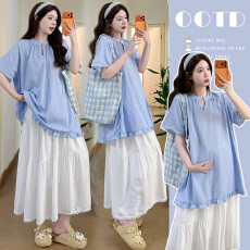 批发实拍 夏季韩版宽松木耳边慵懒风中长衬衫+蕾丝花边<b class='q'>半身裙</b>孕妈套装