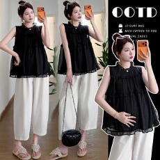 批发实拍 夏季<b class='q'>韩版</b>减龄设计感荷叶边<b class='q'>雪纺</b>娃娃衫+抽绳气球裤孕妈两件套