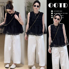 批发夏季<b class='q'>韩版</b>减龄设计感荷叶边<b class='q'>雪纺</b>娃娃衫+抽绳气球裤潮妈套装