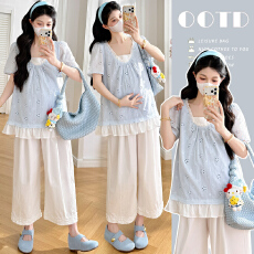 批发实拍 夏季韩系镂空刺绣拼接<b class='q'>上衣</b>+抽绳花边直筒裤孕妈清新套装