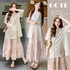 批发新款现~夏季法式蕾丝<b class='q'>上衣</b>+碎花半身裙孕妈洋气两件套装 好质量