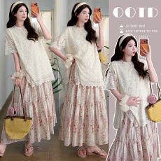 批发实拍现~ 夏季法式设计感蕾丝<b class='q'>上衣</b>+碎花半身裙孕妈两件套装 好质量