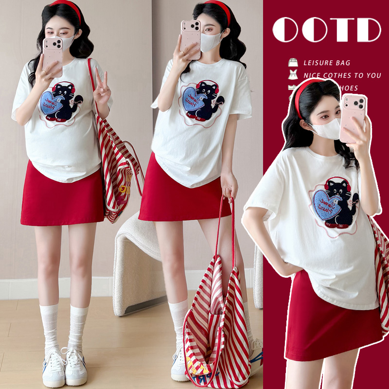 실사 여름 한국 스타일 루즈핏 무거운 작업 수건 자수 연령 감소 티셔츠 운동 반신 스커트 트렌디 엄마 세트