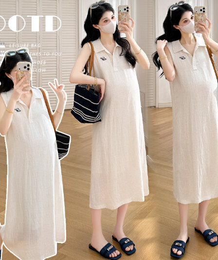 실사 지금 한 부서 루즈핏 캐주얼 POLO 칼라 민소매 조끼 임신 엄마 미니멀리즘 드레스