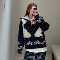 批发潮牌明星同款2025男女款情侣装拉链开衫<b class='q'>毛衣</b>重工提花撞色拼接上衣
