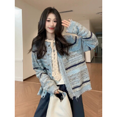 批发大码女装<b class='q'>胖妹妹</b>流苏小香风毛衣开衫外套韩系穿搭超好看条纹针织衫
