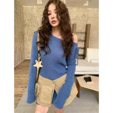 批发韩系纯欲辣妹风斜肩抽绳针织短连衣裙女2025新款收腰显瘦毛衣女