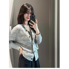 批发韩系灰色镂空毛衣外套女2025新款早秋设计感外搭针织开衫上衣MW