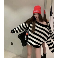 批发时尚慵懒风经典黑白条纹针织毛衣女2025早秋新款斜肩休闲宽松毛衣
