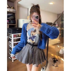 批发2025秋季新款三件套韩版时尚百搭开衫毛衣+长袖<b class='q'>T</b><b class='q'>恤</b>+格子短裙套装