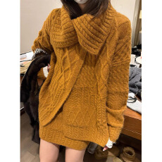 批发韩版休闲宽松慵懒麻花翻领针织开衫毛衣外套+针织半身裙两件套女