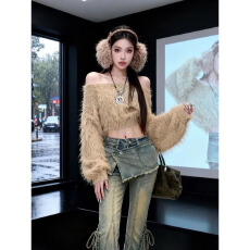 批发法式轻奢感慵懒风流苏毛针织衫女秋冬新款一字肩辣妹宽松短款毛衣