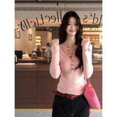 批发韩系甜辣妹半开领粉色长袖t恤2025秋季修身显瘦设计感打底衫上衣