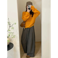 批发2025秋冬新款韩系慵懒风宽松套头针织毛衣女秋冬软糯黄色长袖上衣