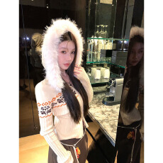 批发2025冬季刺绣印花复古费尔岛连帽针织毛衫甜辣风拉链修身毛衣长袖