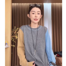批发长袖T恤女2025春秋新款韩版宽松设计感时尚拼色圆领气质套头上衣