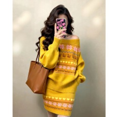 批发巨好看的秋装一整套富家千金感小香风黄色费尔岛针织毛衣套装裙女