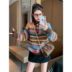 批发彩色复古polo领套头毛衣女秋冬季加厚设计感小众美拉德撞色针织衫