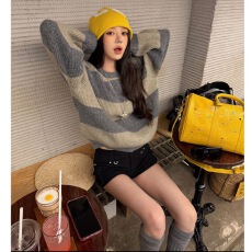 批发慵懒风软糯条纹针织毛衣女春秋2024新款爆款圆领套头外穿宽松上衣