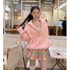 批发美式慵懒风软糯毛衣外套女2025年秋季新款宽松显瘦毛茸茸粉色上衣