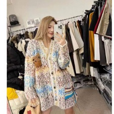 批发韩系设计感混色V领针织开衫女2025秋冬新款休闲慵懒百搭长袖毛衣