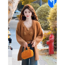 批发巨好看的冬装搭配一整套橘色<b class='q'>针织</b>外套开衫花朵背心叠穿上衣两件套