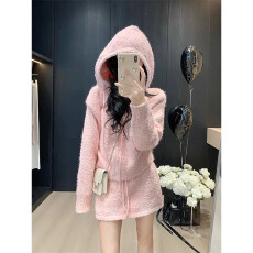 批发韩系2025秋<b class='q'>冬</b>松紧腰针织连帽仿水貂毛上衣外套气质粉色短裙两件套
