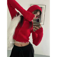 批发十三行<b class='q'>正品</b>可拆卸连帽垫肩针织开衫女秋冬短款百搭毛衣外套上衣女