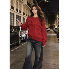 批发实拍 新年款 2026春款新年红针织衫女轻奢名媛风大蝴蝶结毛衣女