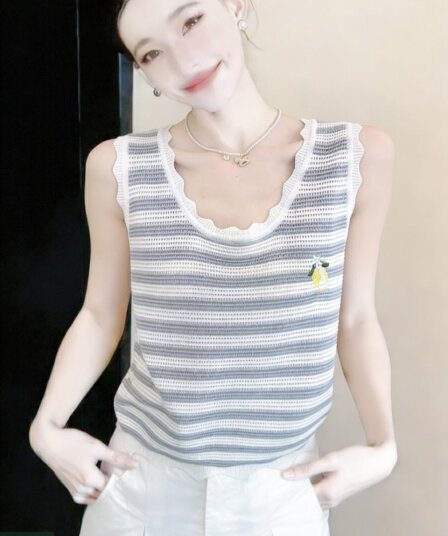2026 시작 중 그림 js 얇은 니트 캐주얼 바람 13 호선 같은 단락 얼음 실크 홀로우 아웃 민소매 자수 u 칼라 조끼 여성