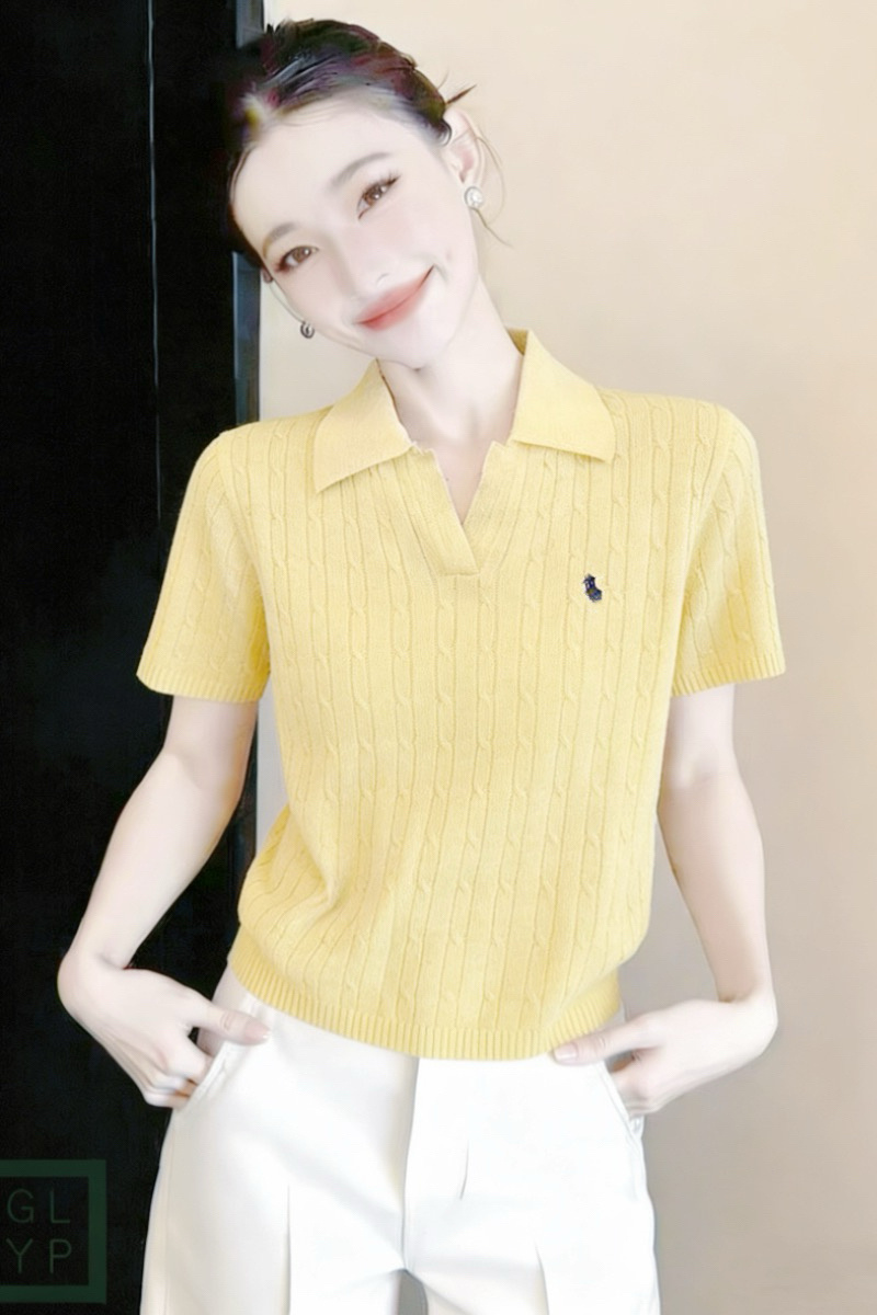 2026 시작 중 그림 js 얇은 니트 스웨터 느긋한 캐주얼 바람 13 호선 같은 단락 말의 해 POLO 칼라 반팔 맨위 여성