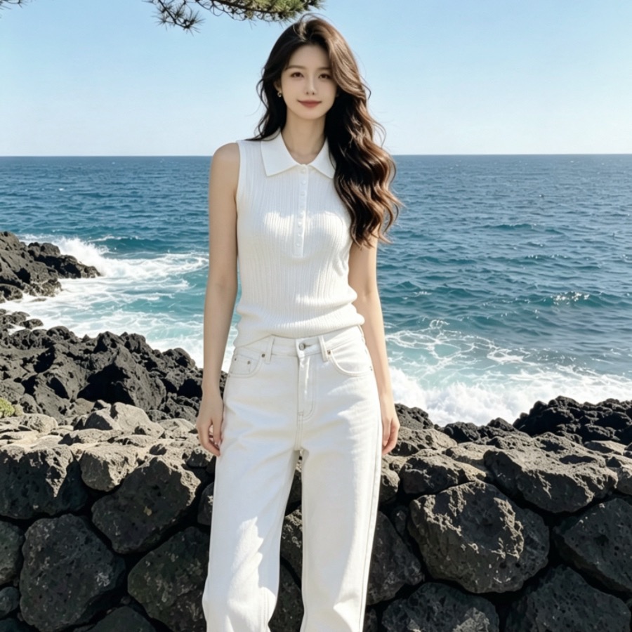 다채로운 실 아마 uu 민소매 POLO 칼라 니트 스웨터 조끼 여성 여름 출퇴근 폴로 칼라 몸매 가꾸기 구덩이 기사 맨위 여성