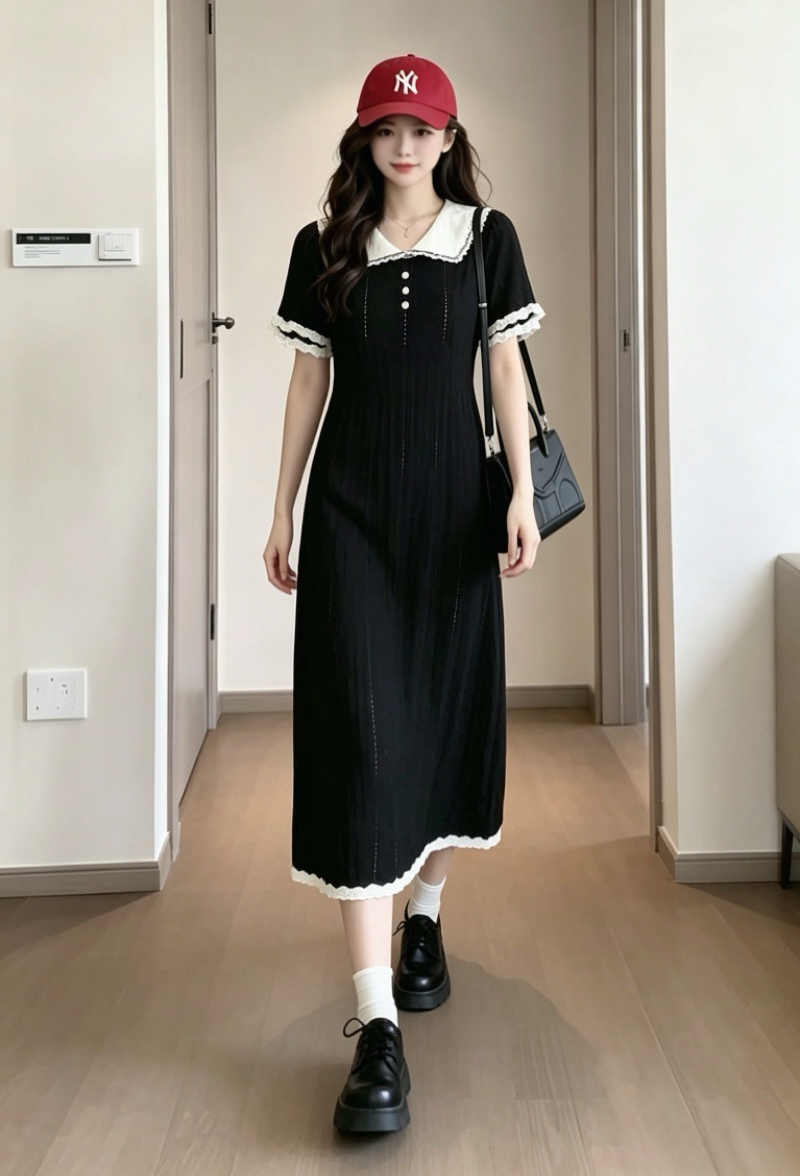 실사 yangruoyu 부처님 인사이드 휴일 배색 프랑스식 드레스 광장 칼라 검정색 허리 수축 품격 롱 스커트