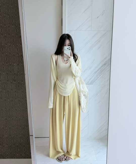 3종 세트 나만의 것을 가져와 라. 아름다움 분위기 ~ 중 조끼 오픈 가디건 와이드 레그 팬츠 같은 색깔 3종 세트 여름