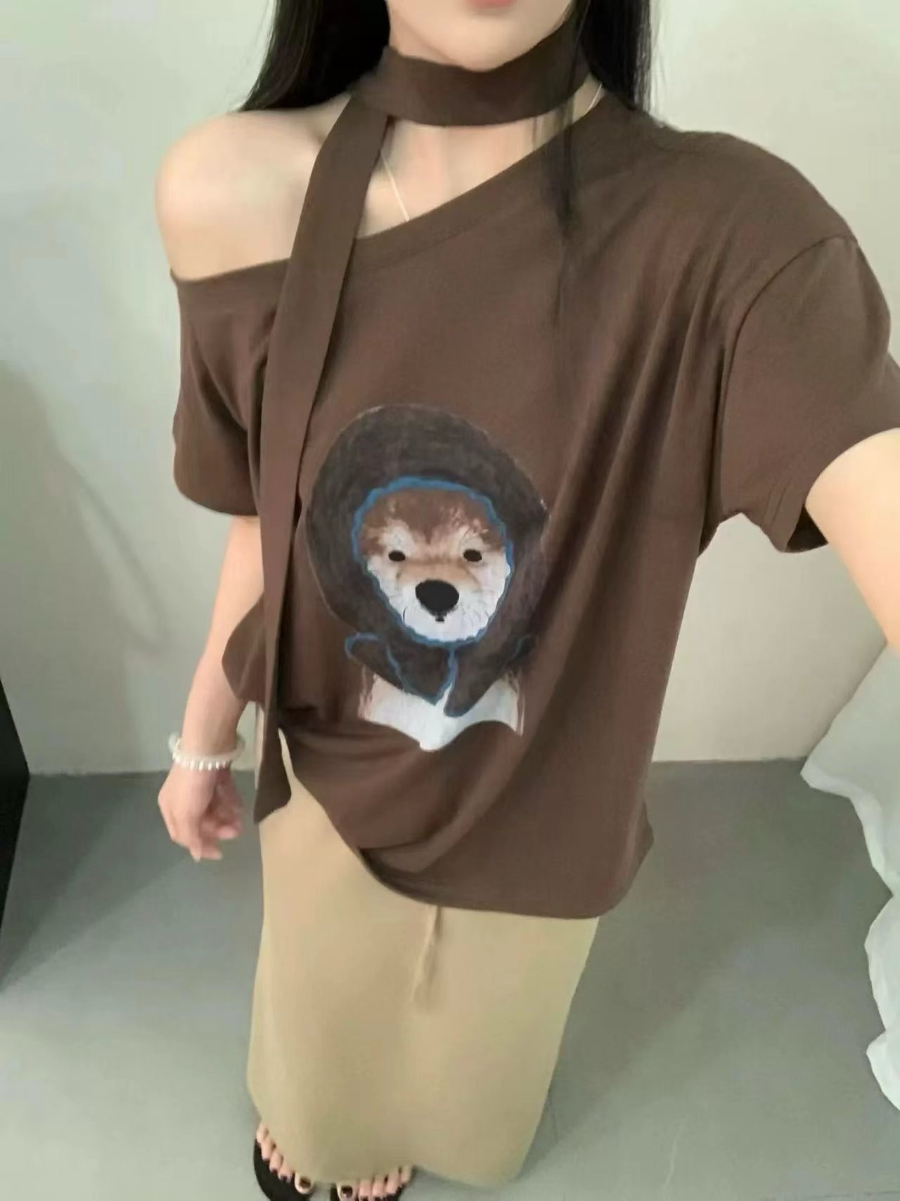 새로운 한국 스타일 루즈핏 슬림해 보이는 만화 반팔 티셔츠 허리밴드 반신 스커트 리본 3 세트